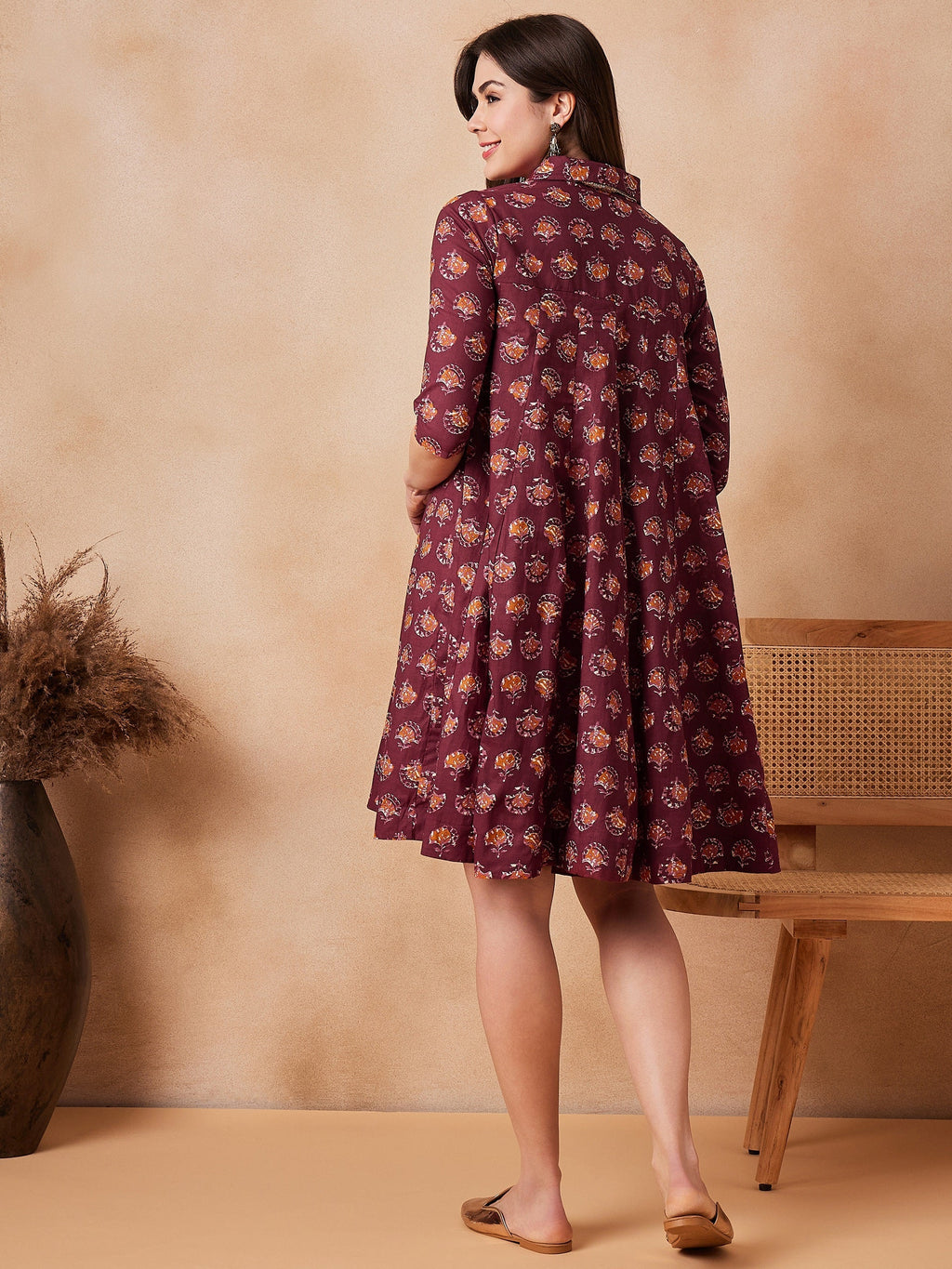 InWeave Burgundy Floral Boota Print Flared Dress | Grocsy