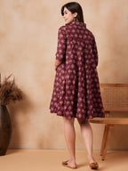 InWeave Burgundy Floral Boota Print Flared Dress | Grocsy