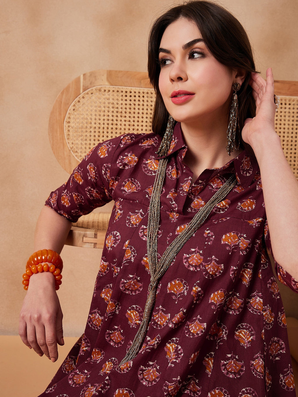 InWeave Burgundy Floral Boota Print Flared Dress | Grocsy