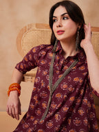 InWeave Burgundy Floral Boota Print Flared Dress | Grocsy