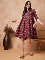 InWeave Burgundy Floral Boota Print Flared Dress | Grocsy
