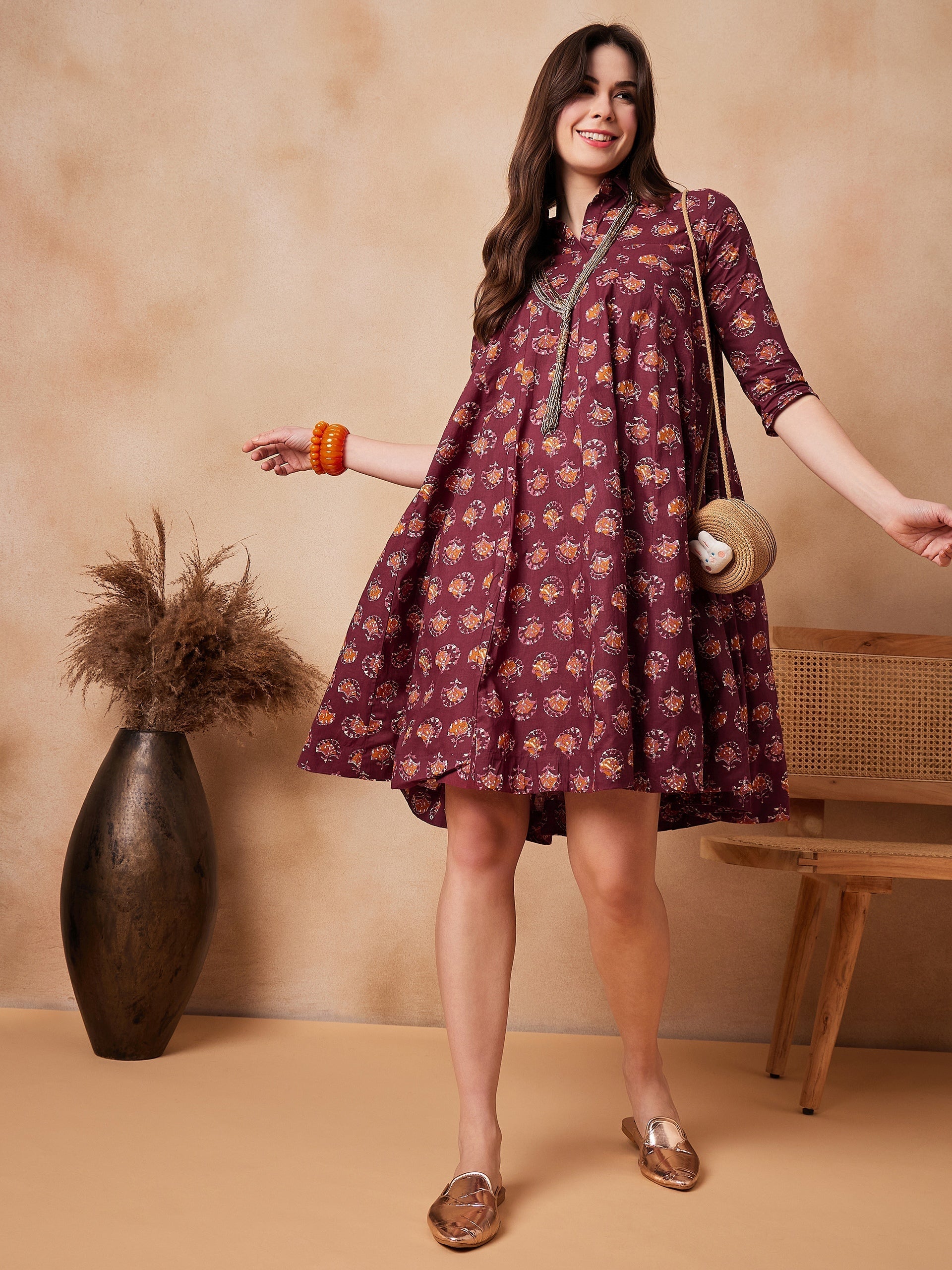 InWeave Burgundy Floral Boota Print Flared Dress | Grocsy