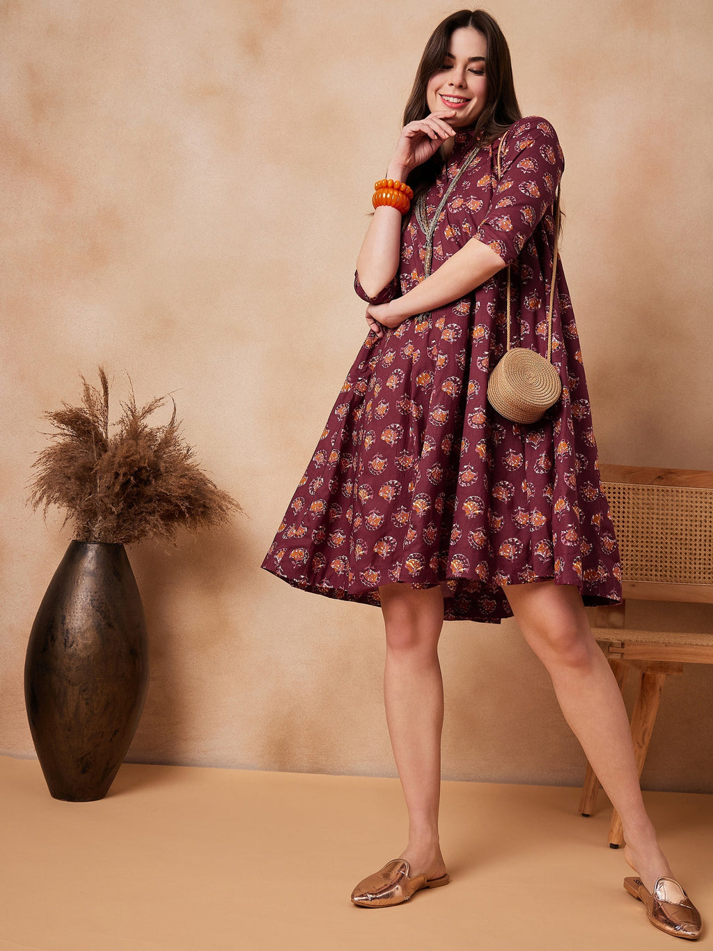 InWeave Burgundy Floral Boota Print Flared Dress | Grocsy