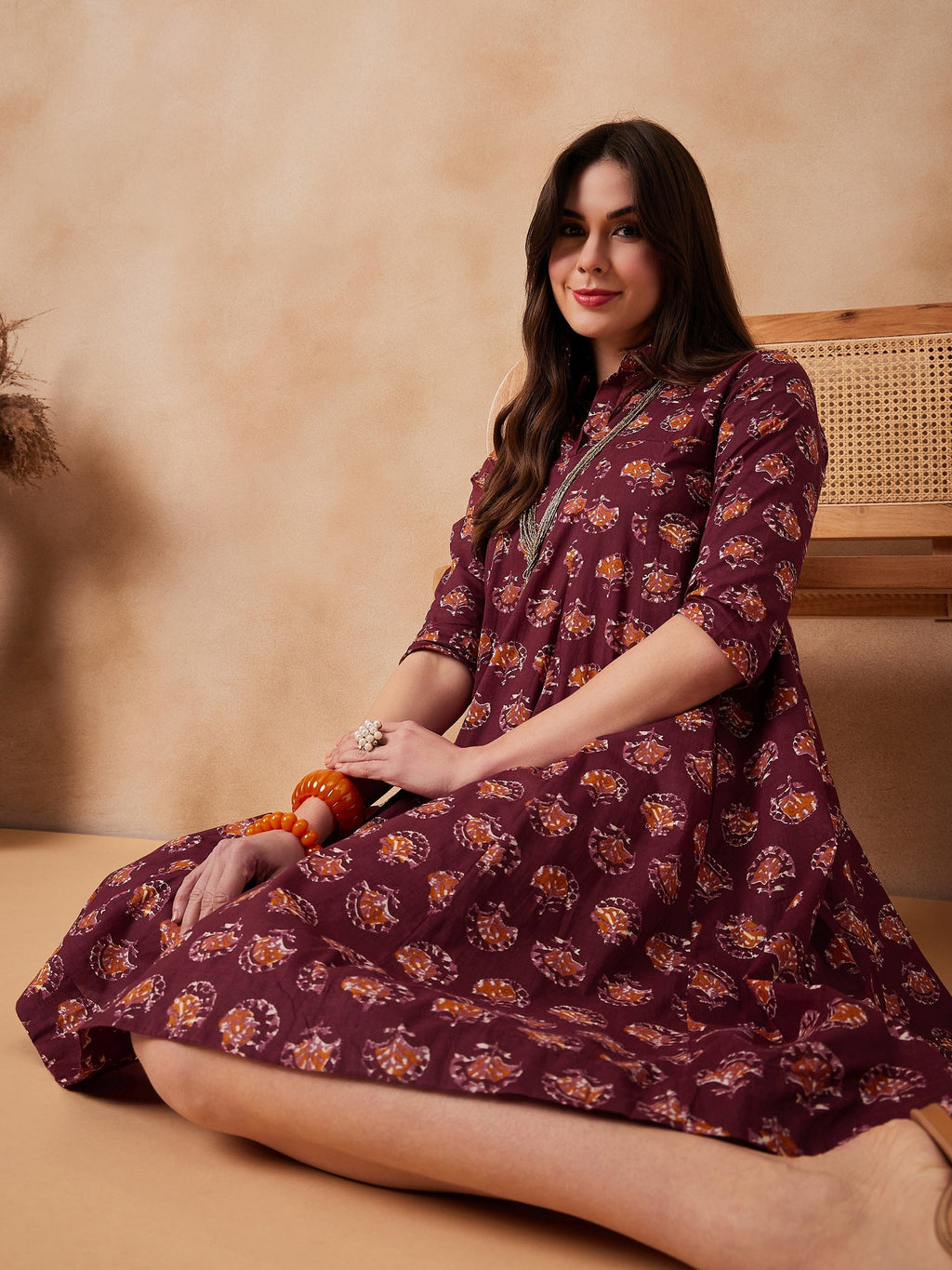 InWeave Burgundy Floral Boota Print Flared Dress | Grocsy