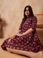 InWeave Burgundy Floral Boota Print Flared Dress | Grocsy
