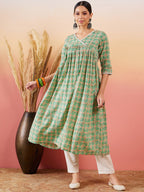 InWeave Cool Green Kantha Print Angrakha V Neck Lace Dress | Grocsy