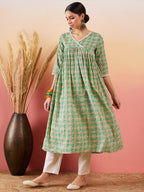 InWeave Cool Green Kantha Print Angrakha V Neck Lace Dress | Grocsy