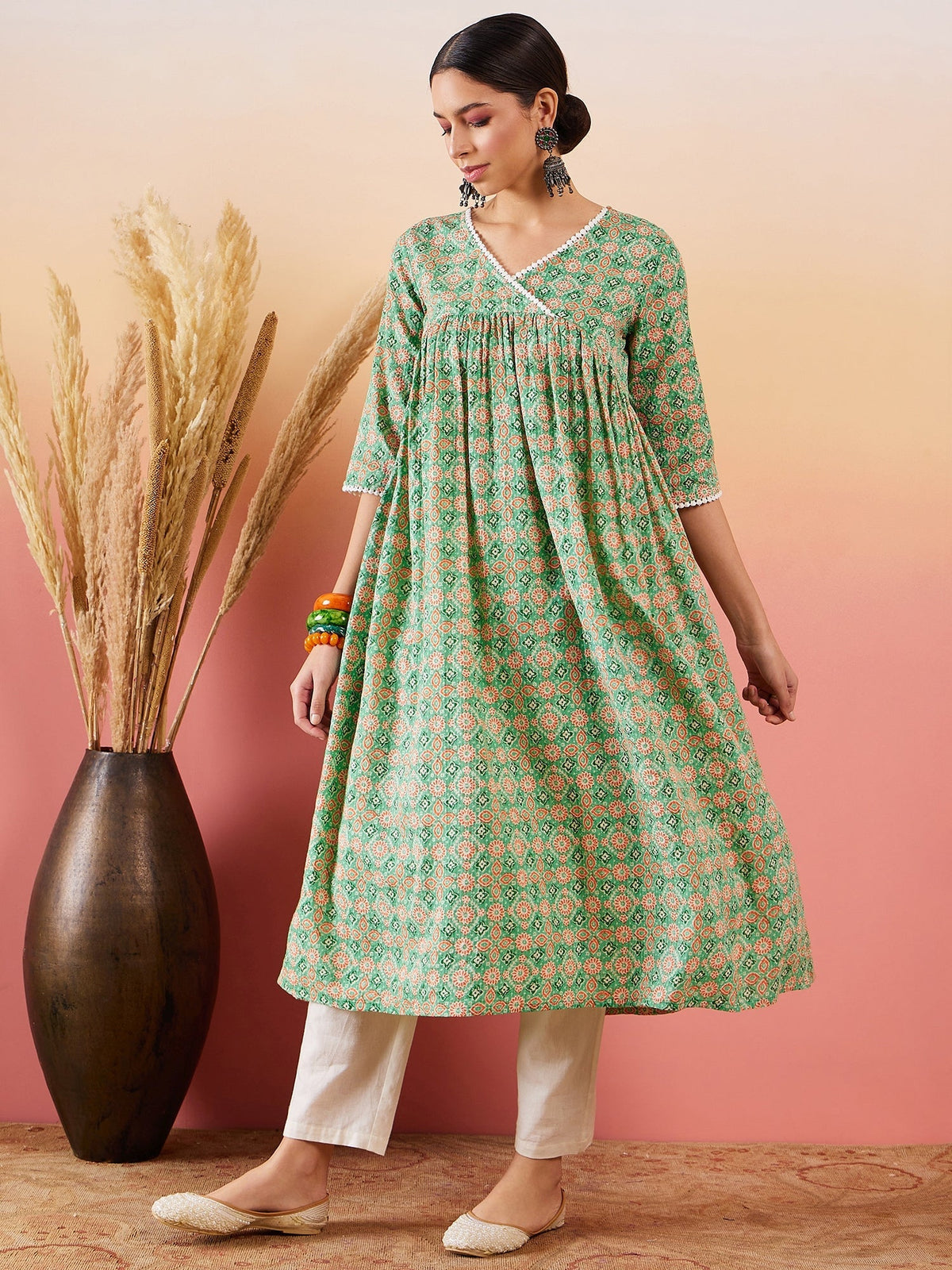 InWeave Cool Green Kantha Print Angrakha V Neck Lace Dress | Grocsy