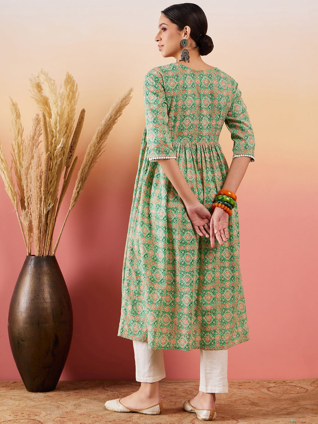 InWeave Cool Green Kantha Print Angrakha V Neck Lace Dress | Grocsy