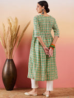InWeave Cool Green Kantha Print Angrakha V Neck Lace Dress | Grocsy