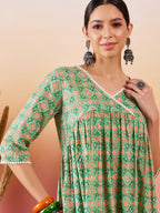 InWeave Cool Green Kantha Print Angrakha V Neck Lace Dress | Grocsy