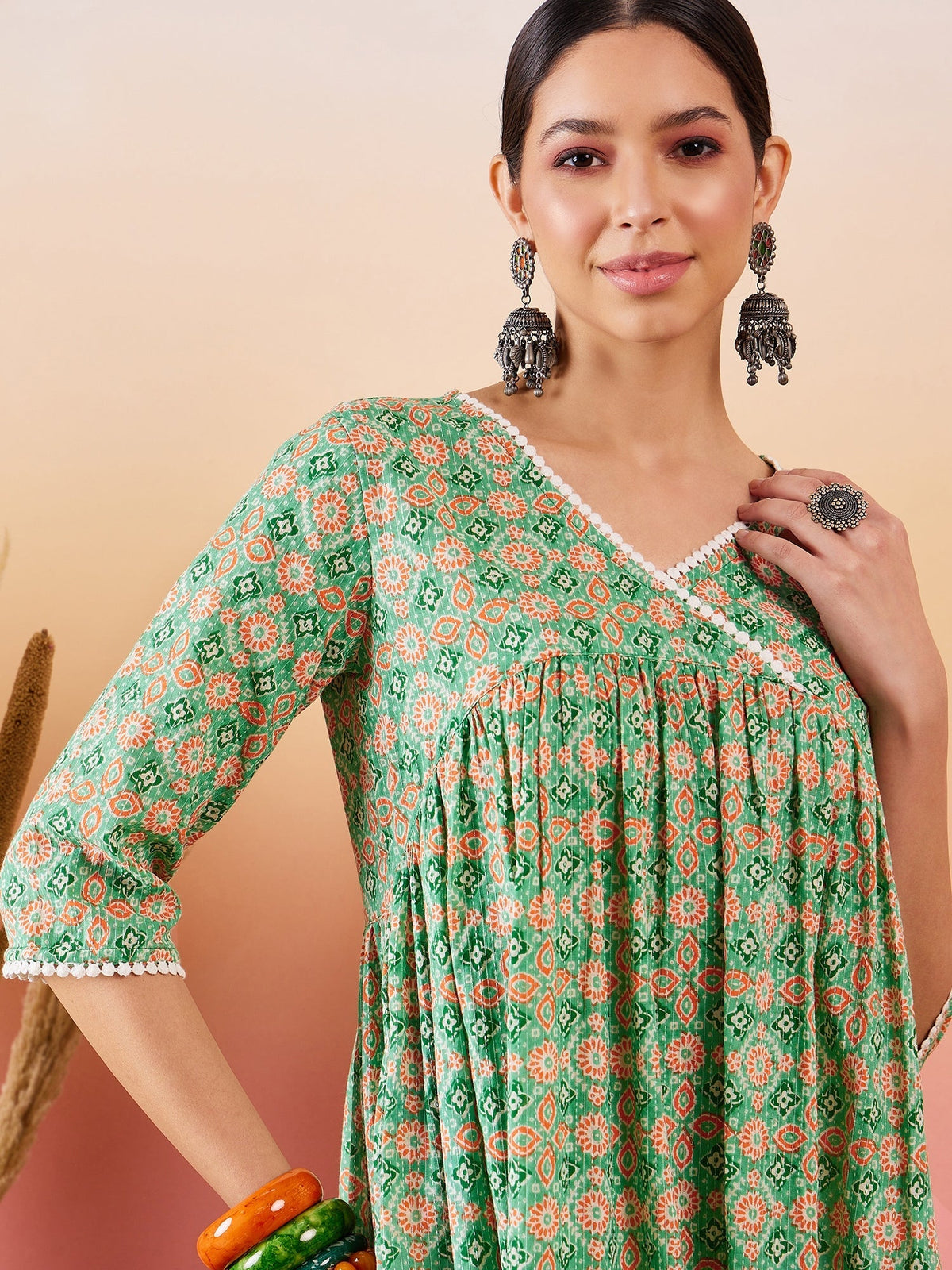 InWeave Cool Green Kantha Print Angrakha V Neck Lace Dress | Grocsy