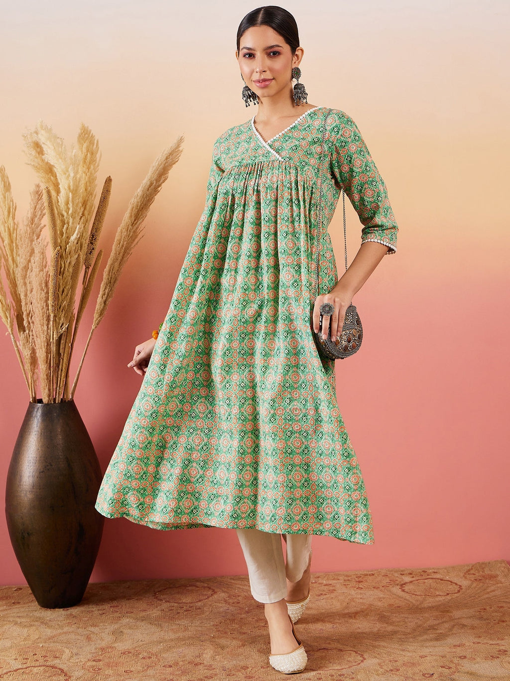 InWeave Cool Green Kantha Print Angrakha V Neck Lace Dress | Grocsy