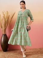 InWeave Cool Green Kantha Print Angrakha V Neck Lace Dress | Grocsy