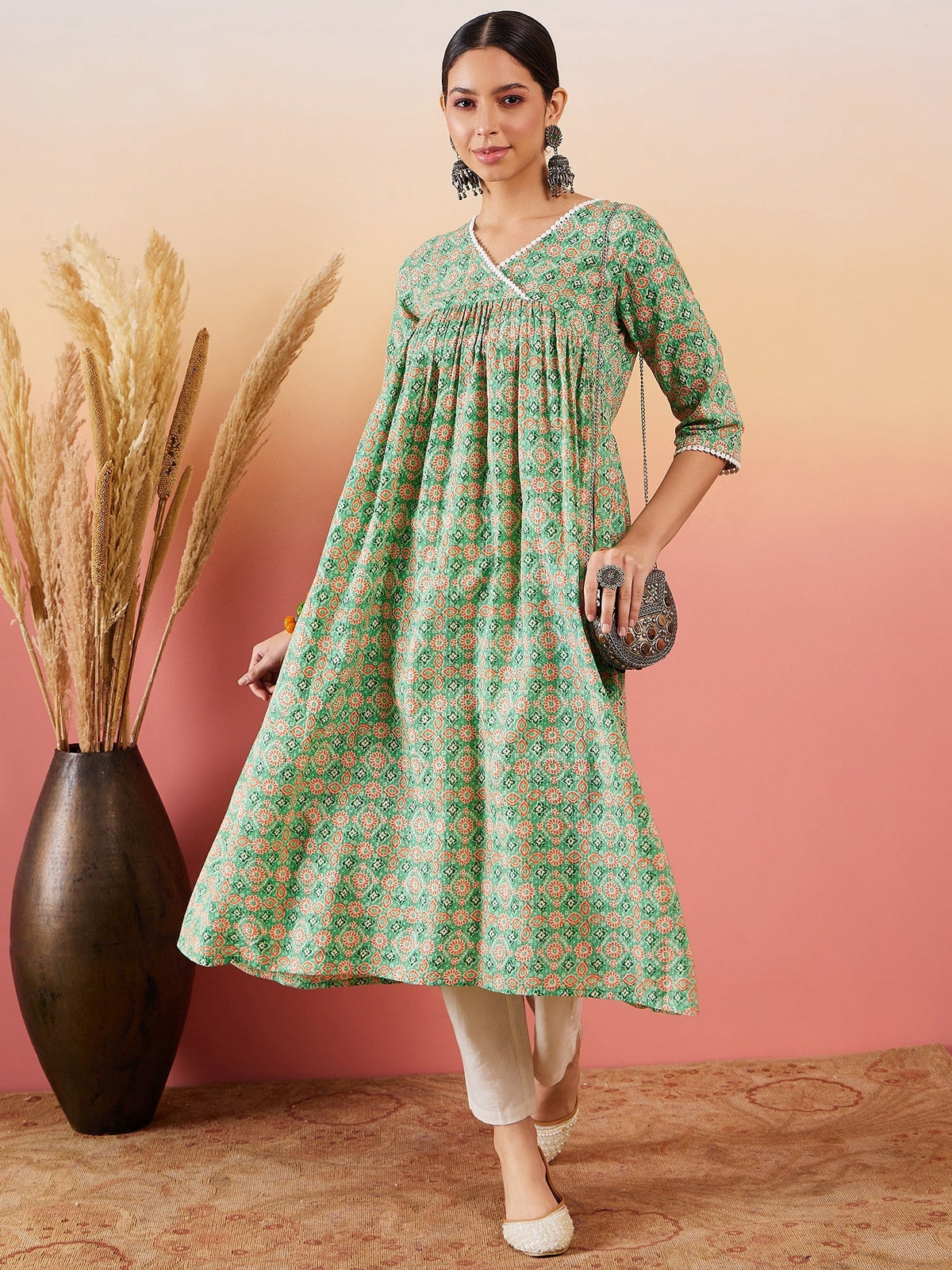 InWeave Cool Green Kantha Print Angrakha V Neck Lace Dress | Grocsy