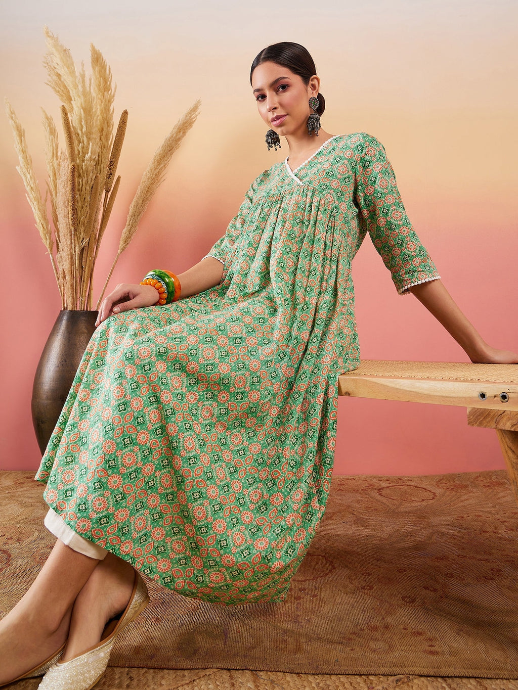 InWeave Cool Green Kantha Print Angrakha V Neck Lace Dress | Grocsy