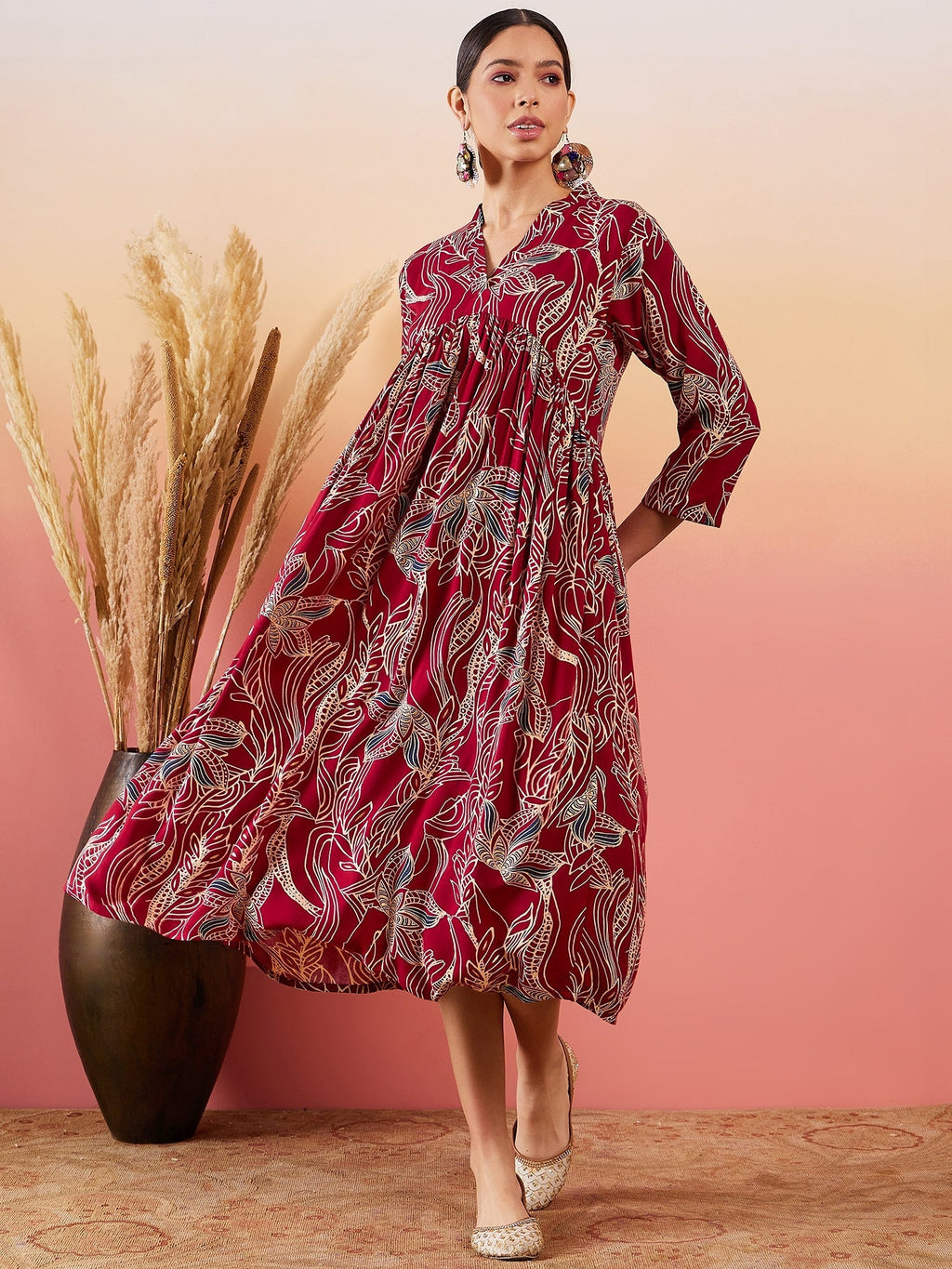 InWeave Maroon Beige Blue Print Deep V Neck Flared Dress | Grocsy