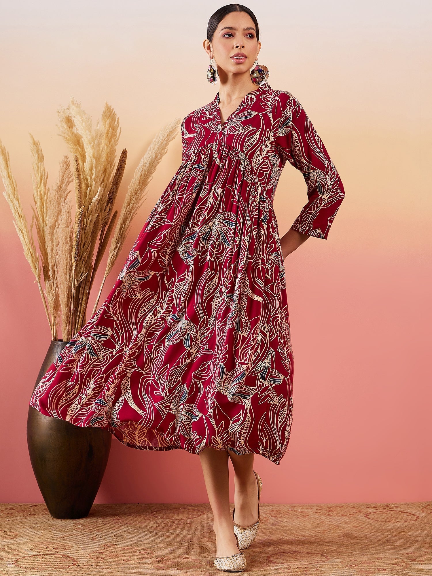 InWeave Maroon Beige Blue Print Deep V Neck Flared Dress | Grocsy