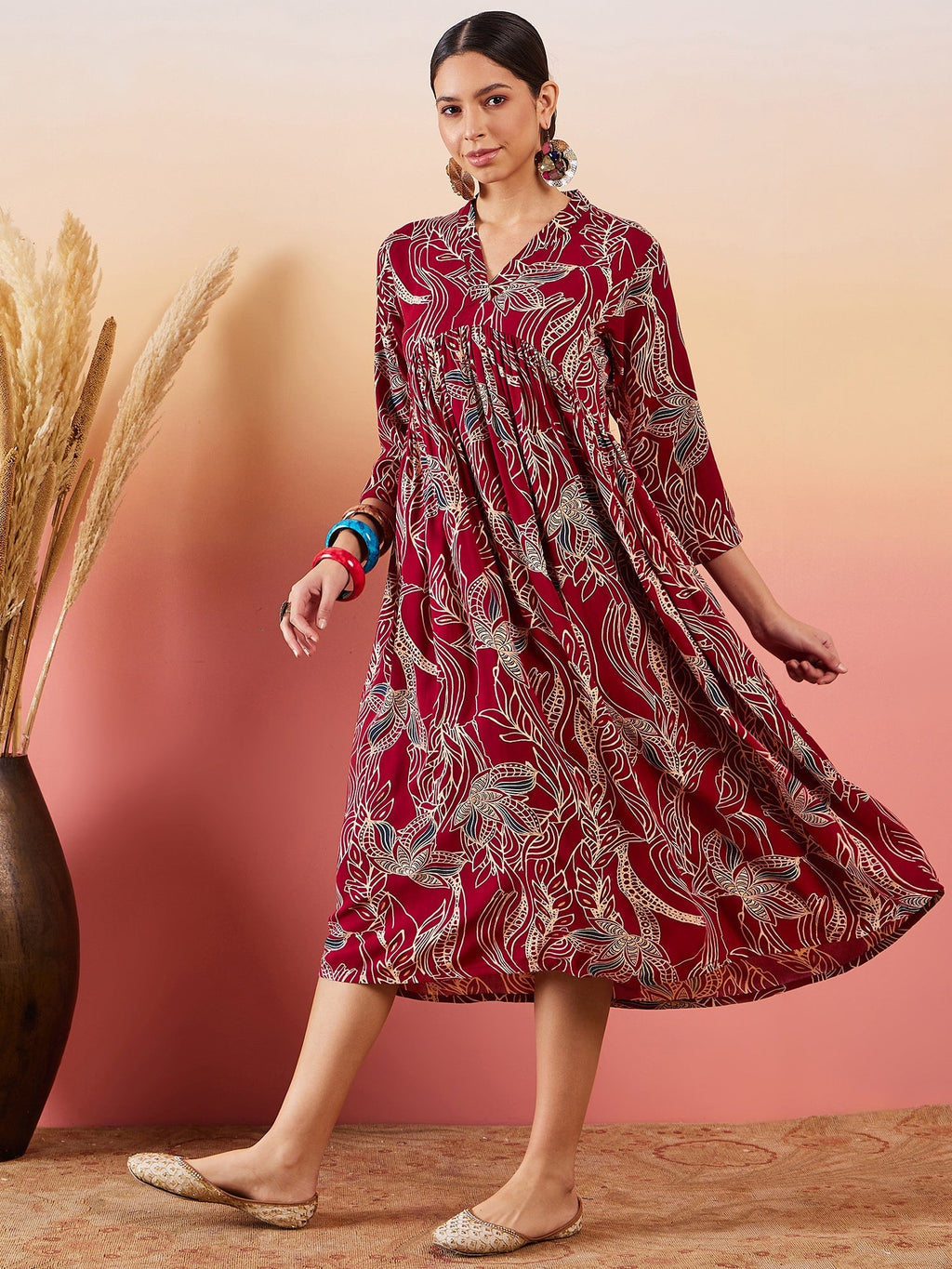 InWeave Maroon Beige Blue Print Deep V Neck Flared Dress | Grocsy