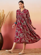 InWeave Maroon Beige Blue Print Deep V Neck Flared Dress | Grocsy
