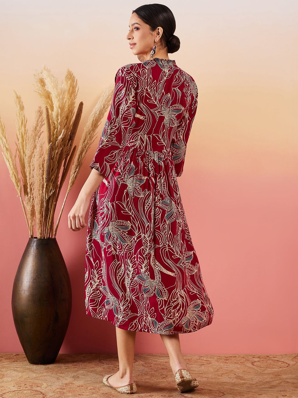 InWeave Maroon Beige Blue Print Deep V Neck Flared Dress | Grocsy