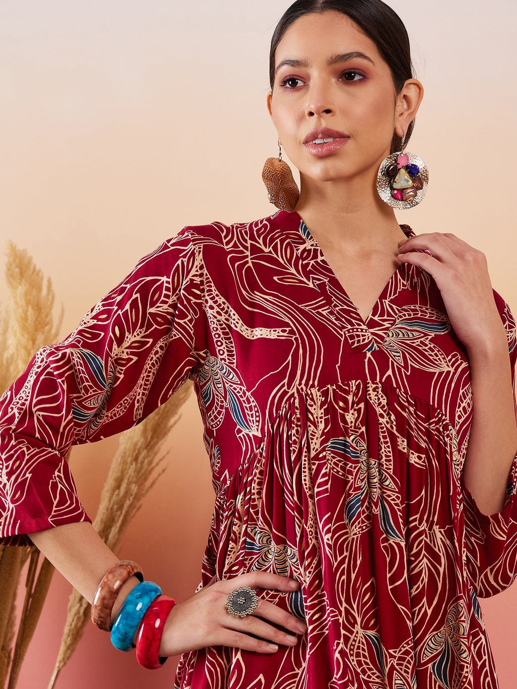 InWeave Maroon Beige Blue Print Deep V Neck Flared Dress | Grocsy