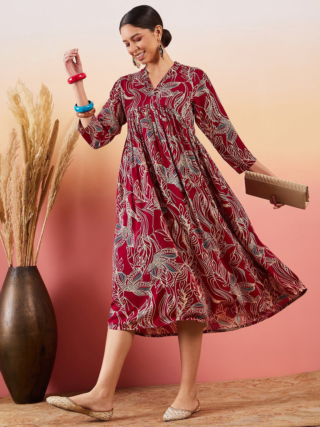 InWeave Maroon Beige Blue Print Deep V Neck Flared Dress | Grocsy