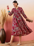 InWeave Maroon Beige Blue Print Deep V Neck Flared Dress | Grocsy