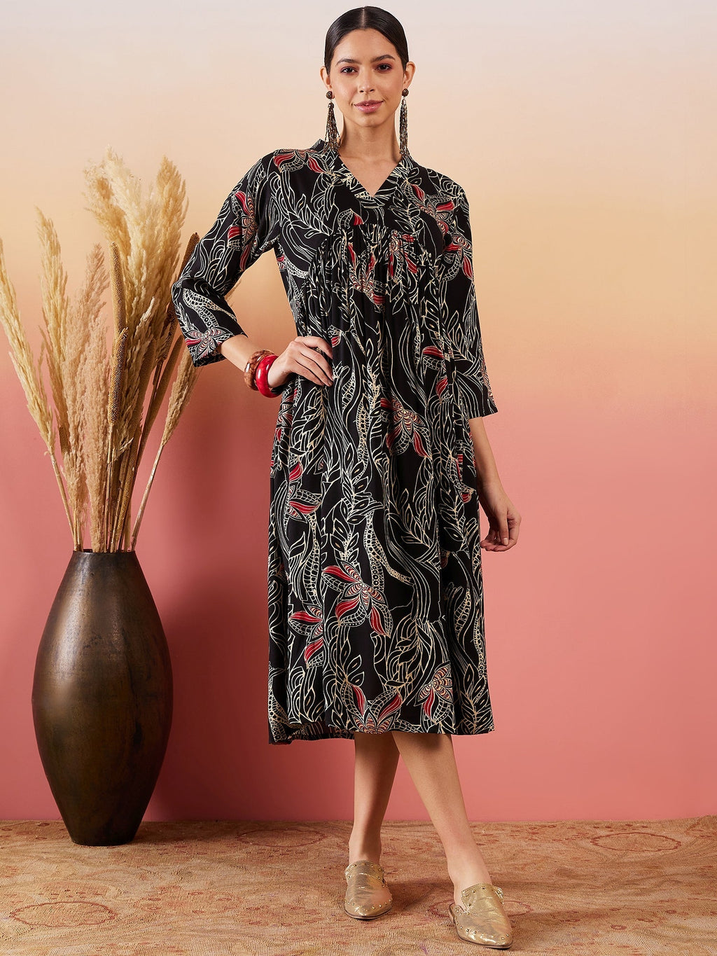 InWeave Black Beige Red Print Deep V Neck Flared Dress | Grocsy