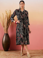 InWeave Black Beige Red Print Deep V Neck Flared Dress | Grocsy