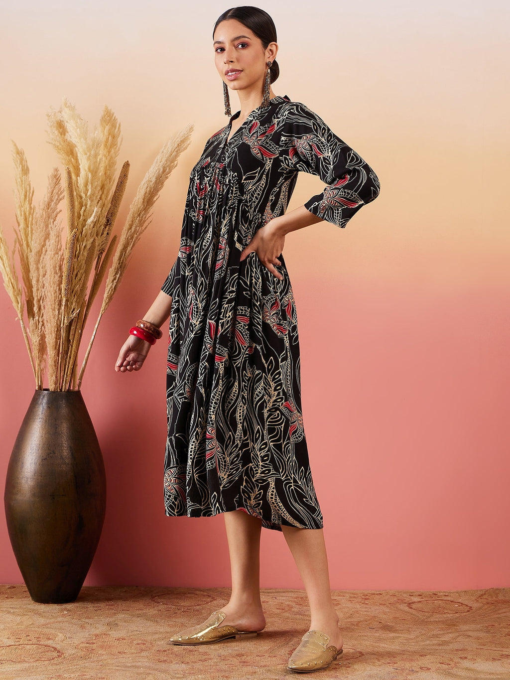 InWeave Black Beige Red Print Deep V Neck Flared Dress | Grocsy