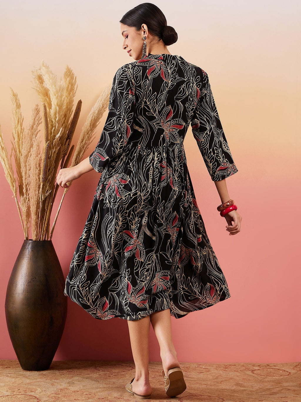 InWeave Black Beige Red Print Deep V Neck Flared Dress | Grocsy
