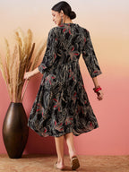 InWeave Black Beige Red Print Deep V Neck Flared Dress | Grocsy