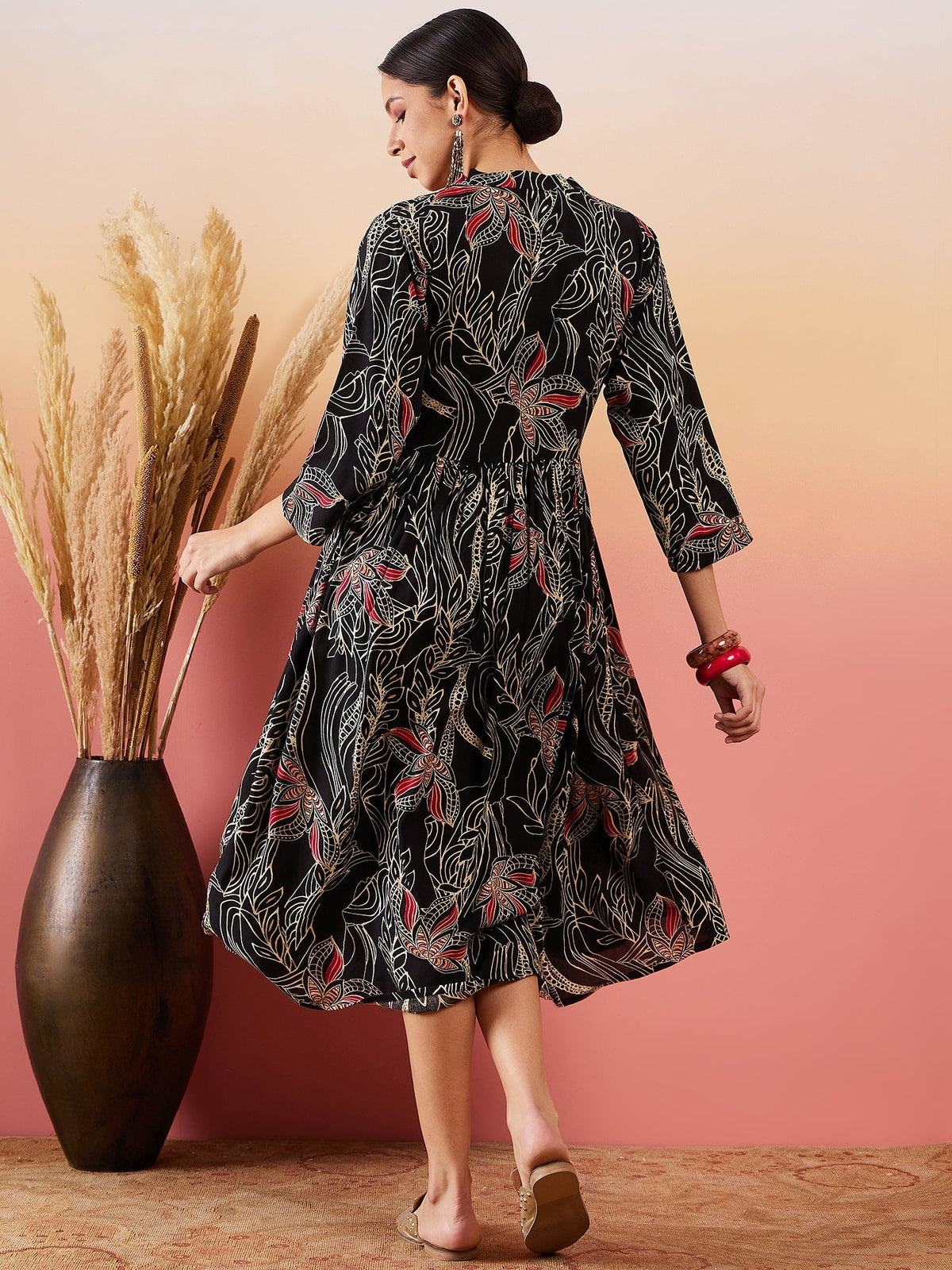 InWeave Black Beige Red Print Deep V Neck Flared Dress | Grocsy