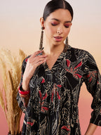 InWeave Black Beige Red Print Deep V Neck Flared Dress | Grocsy