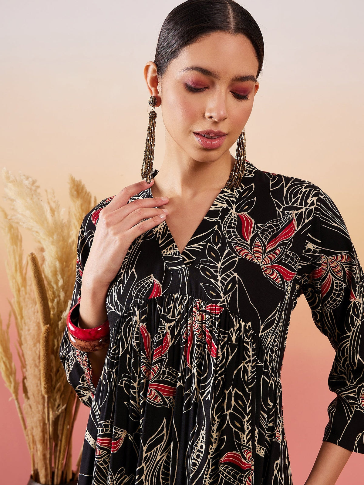 InWeave Black Beige Red Print Deep V Neck Flared Dress | Grocsy