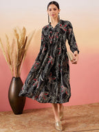 InWeave Black Beige Red Print Deep V Neck Flared Dress | Grocsy