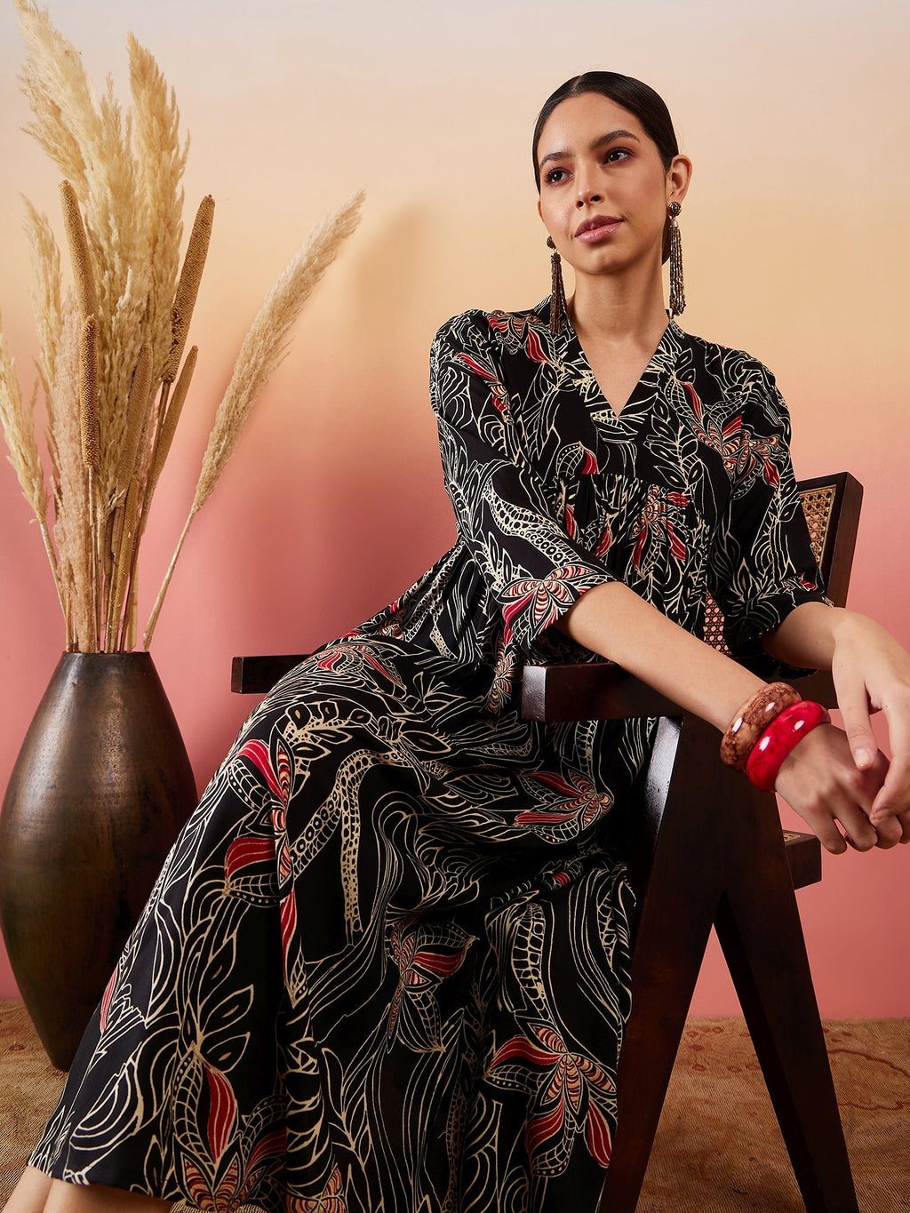 InWeave Black Beige Red Print Deep V Neck Flared Dress | Grocsy