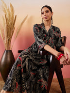 InWeave Black Beige Red Print Deep V Neck Flared Dress | Grocsy
