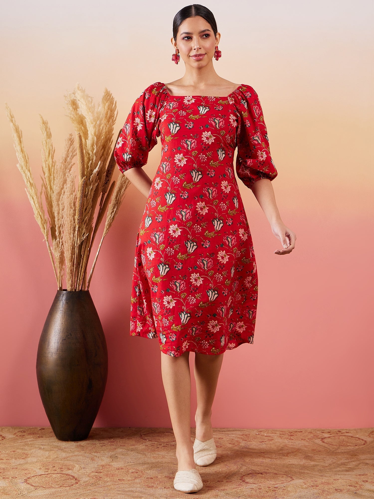 InWeave Red Bishop Sleeve Dress | Grocsy