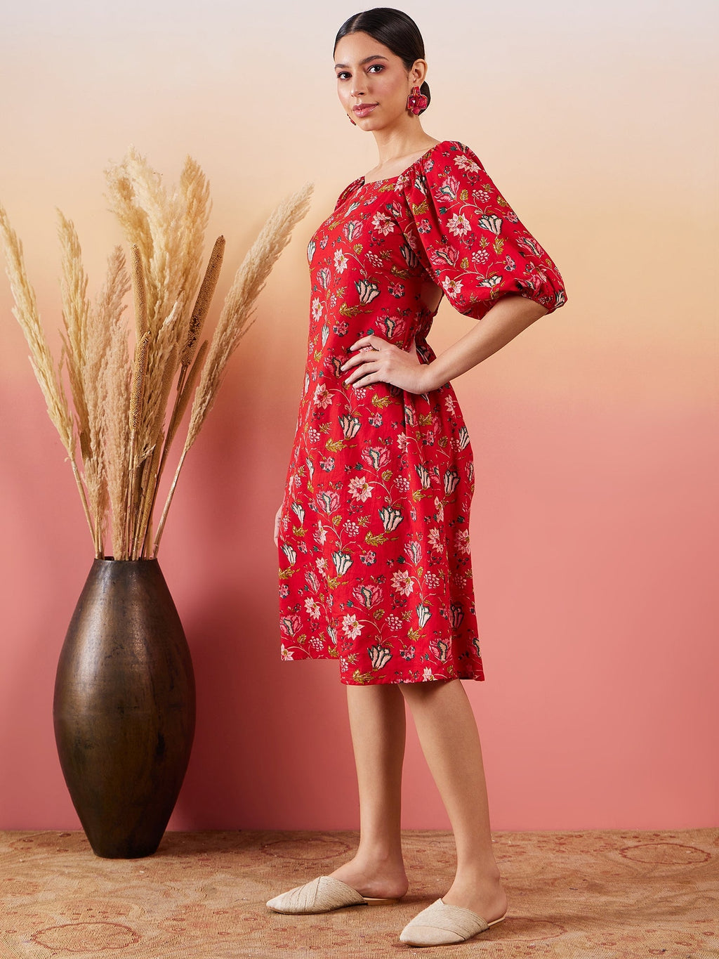 InWeave Red Bishop Sleeve Dress | Grocsy