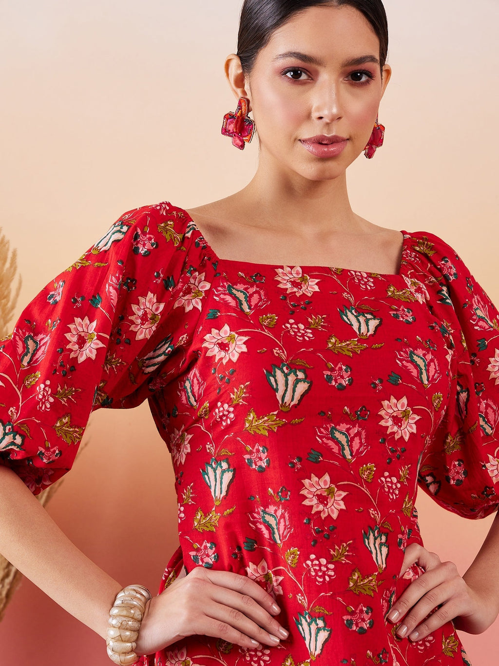InWeave Red Bishop Sleeve Dress | Grocsy