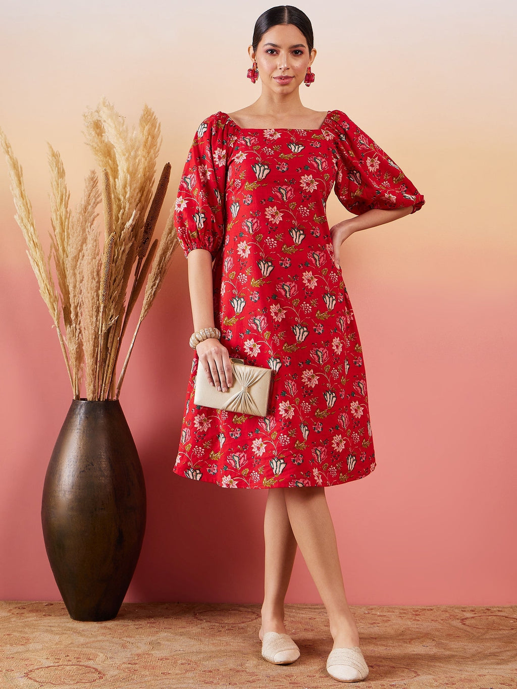 InWeave Red Bishop Sleeve Dress | Grocsy