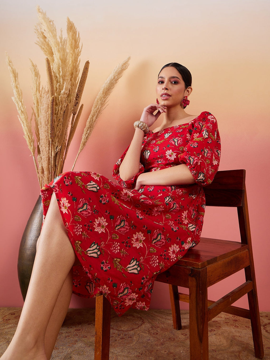 InWeave Red Bishop Sleeve Dress | Grocsy