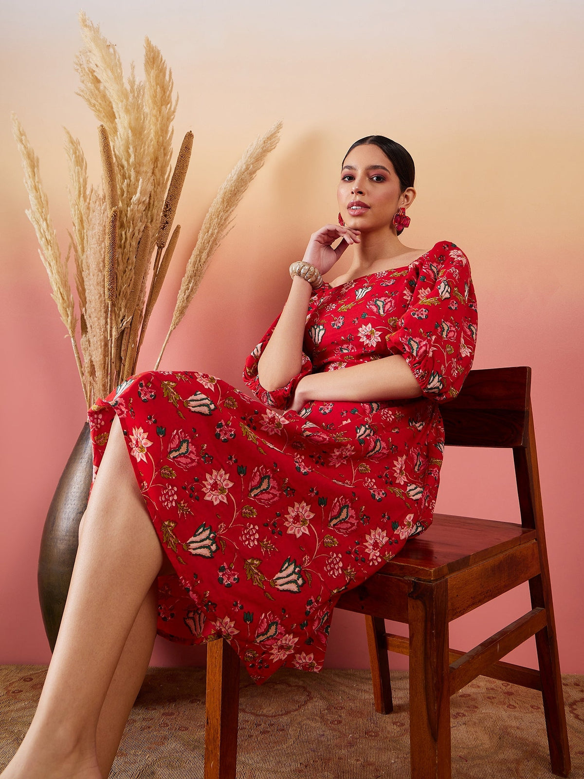 InWeave Red Bishop Sleeve Dress | Grocsy