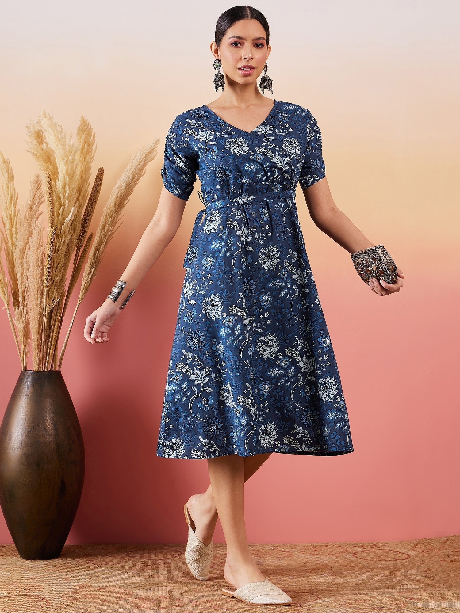 InWeave Indigo Floral Print Angrakha V Neck Belted A Line Dress | Grocsy