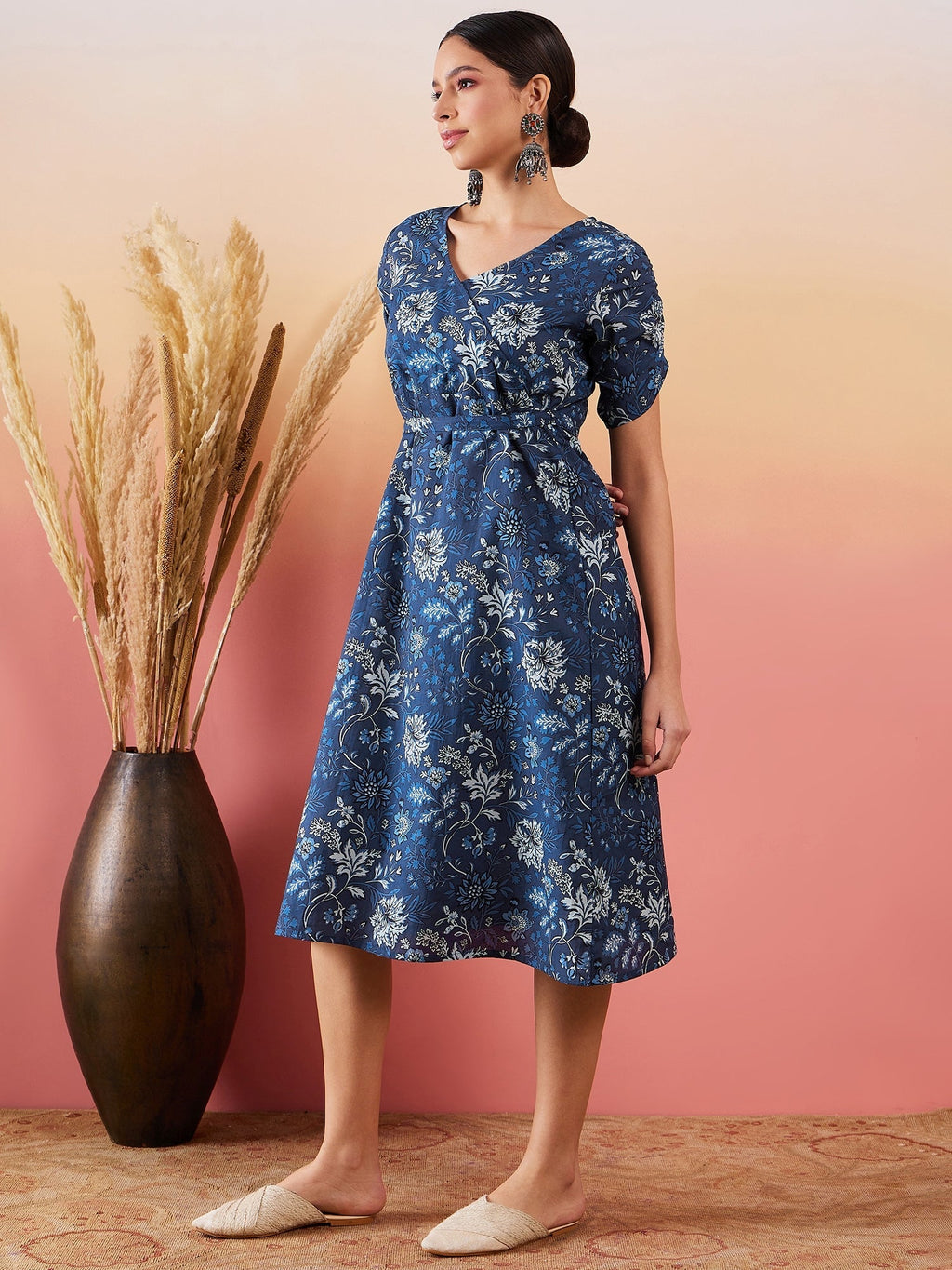 InWeave Indigo Floral Print Angrakha V Neck Belted A Line Dress | Grocsy