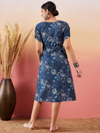 InWeave Indigo Floral Print Angrakha V Neck Belted A Line Dress | Grocsy