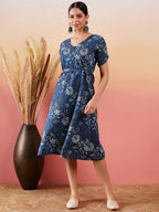 InWeave Indigo Floral Print Angrakha V Neck Belted A Line Dress | Grocsy