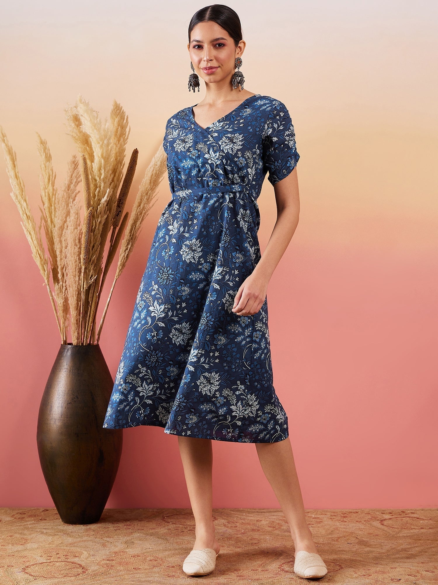 InWeave Indigo Floral Print Angrakha V Neck Belted A Line Dress | Grocsy